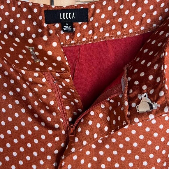 Lucca copper brown and white polka dot wide leg satin trousers - Picture 3 of 6